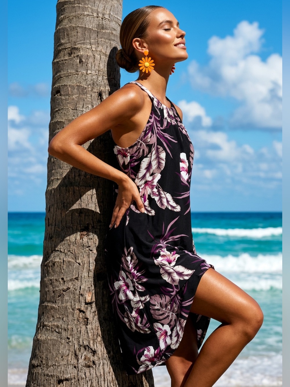 Jennifer Lopez Black Floral Halter Midi Dress with White and Purple Blooms